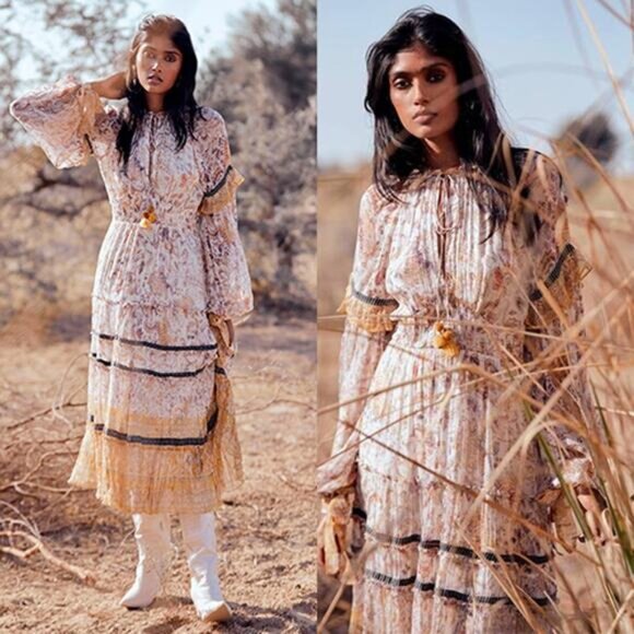 NWT Hemant and Nandita White Silver Gold Chiffon Lurex Floral Boho Midi Dress - Picture 1 of 9